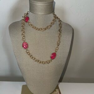 Charming Charlie Gold Tone Chain Link Fashion Necklace Pink Sparkle Stone‎ 34”